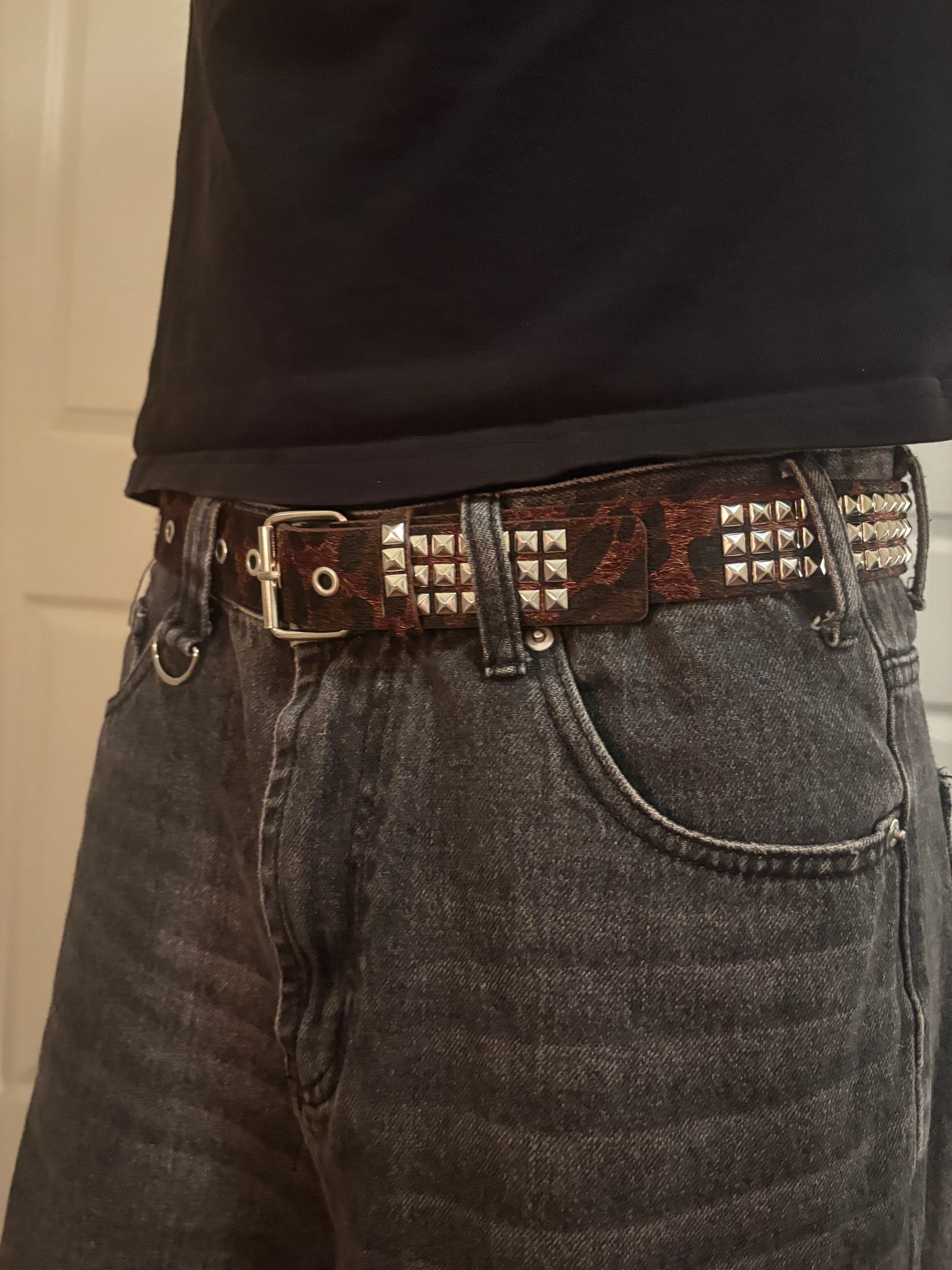 Belt , brown studded leopard print belt