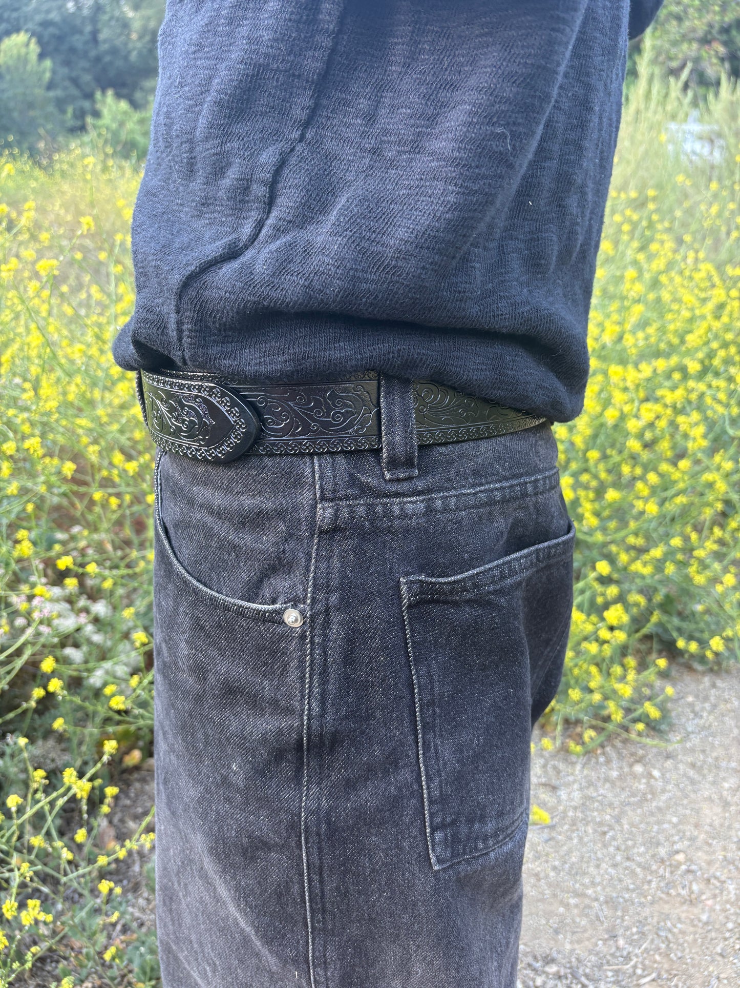 Black Japanese floral wave belt