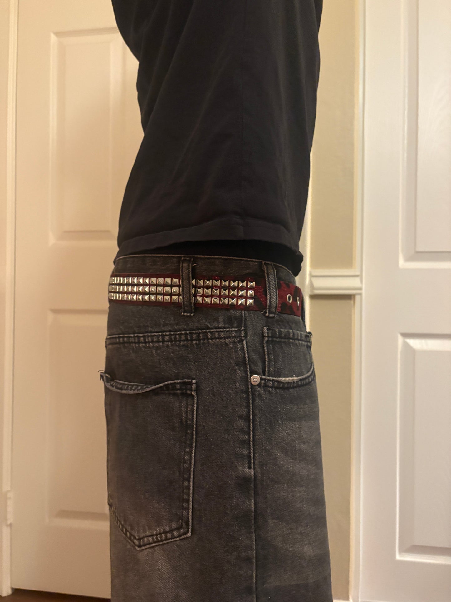 Belt , red studded leopard print belt