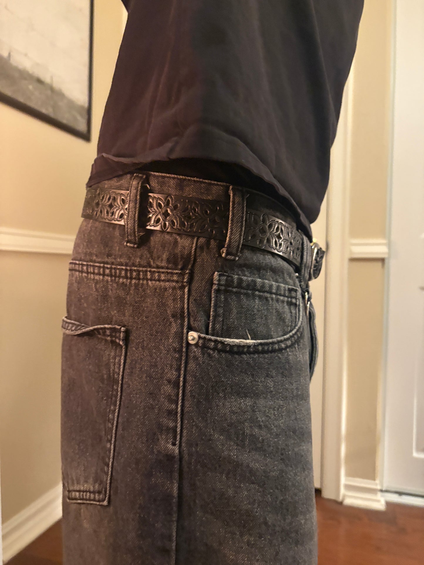 Belt , black woven pattern belt