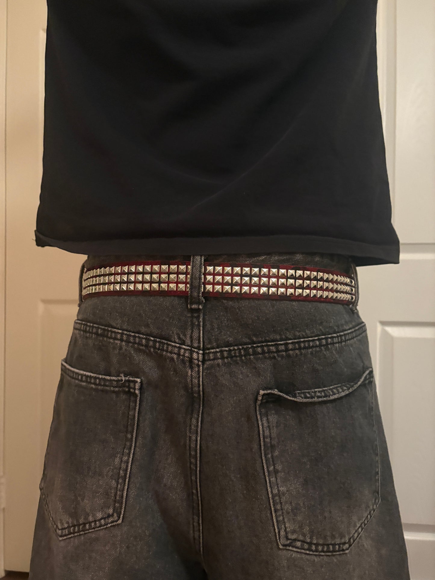 Belt , red studded leopard print belt