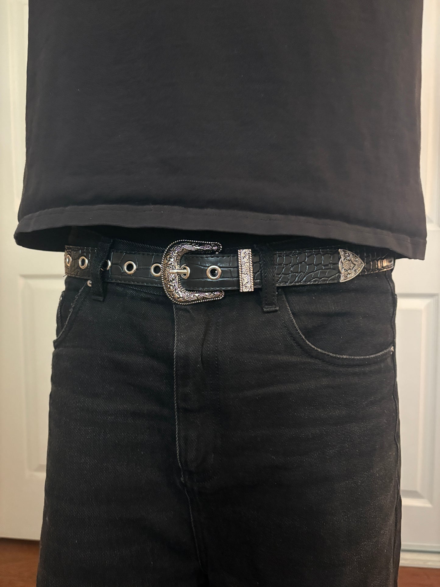 Belt , black silver crocodile print belt