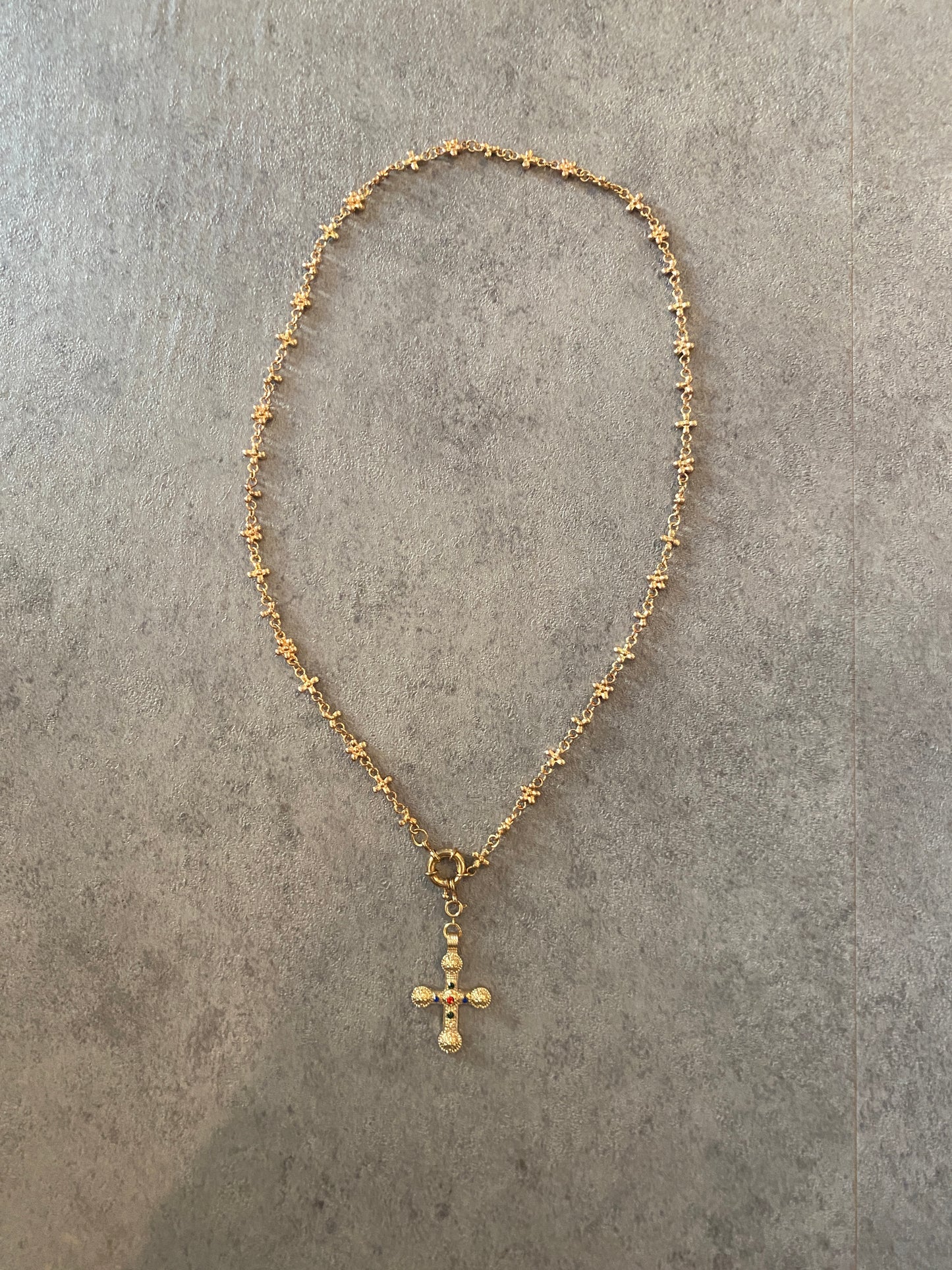 Necklace , Gold gem flower cross necklace