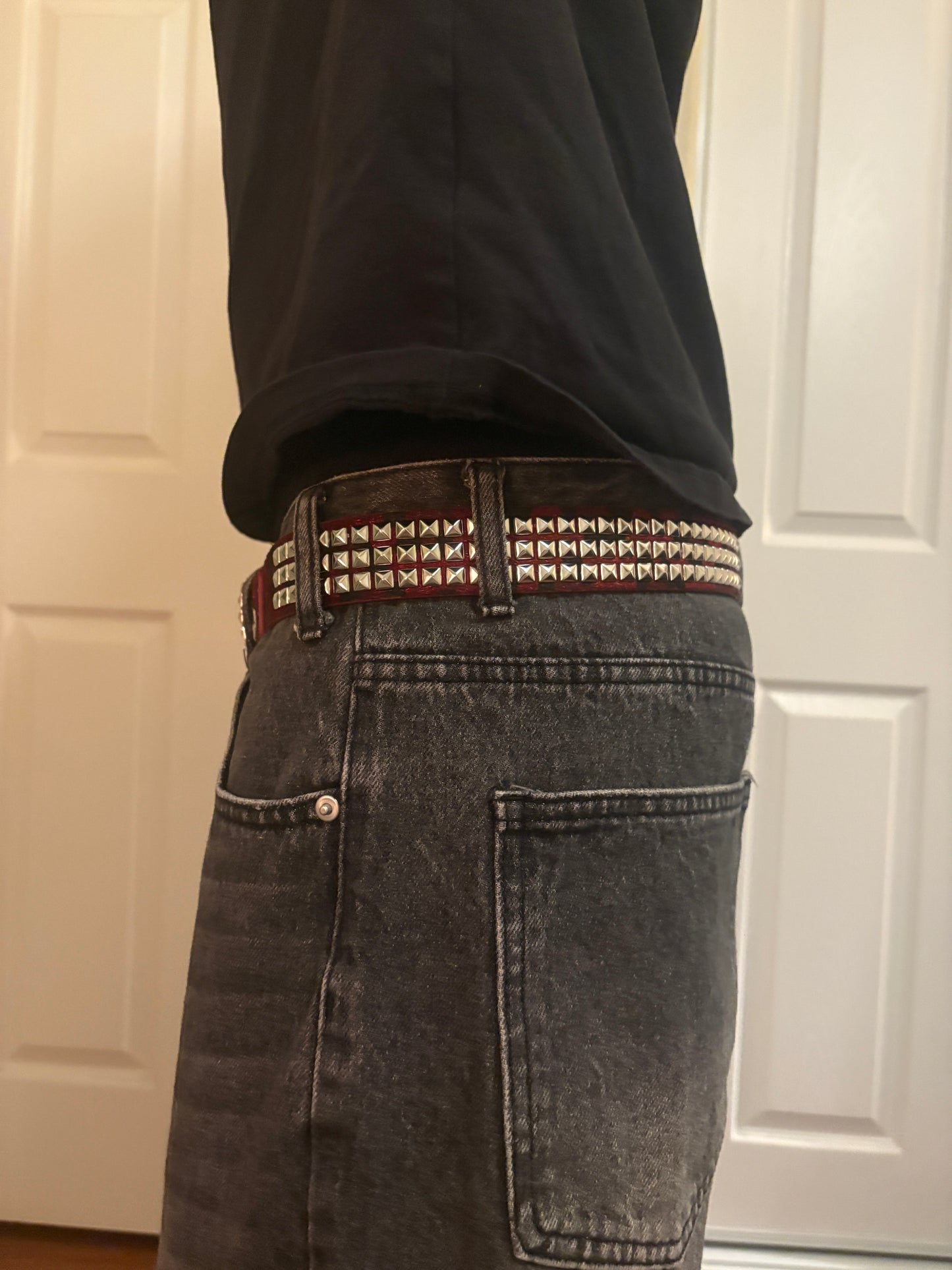 Belt , red studded leopard print belt
