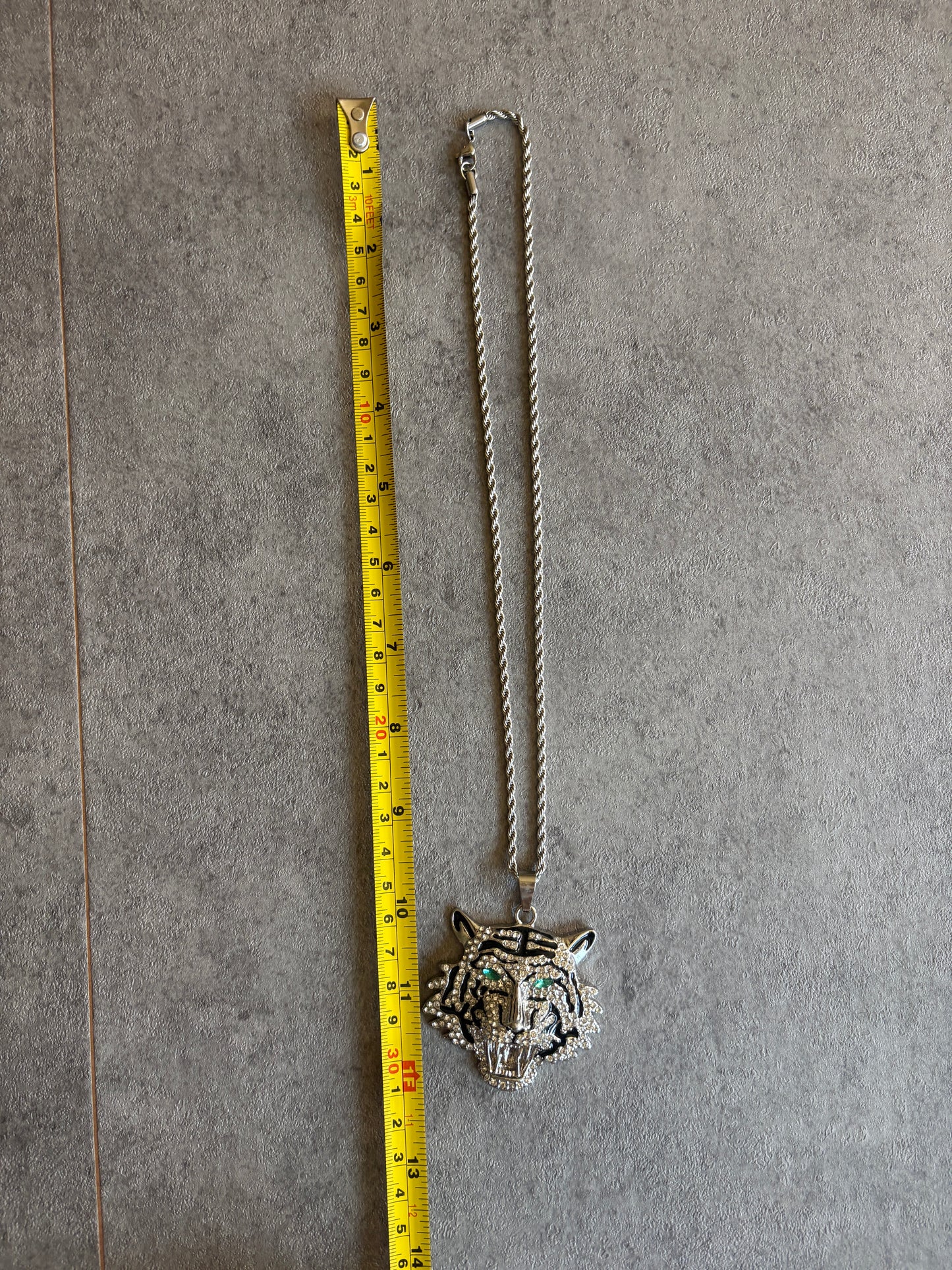 Necklace , silver rhinestone tiger pendant chain