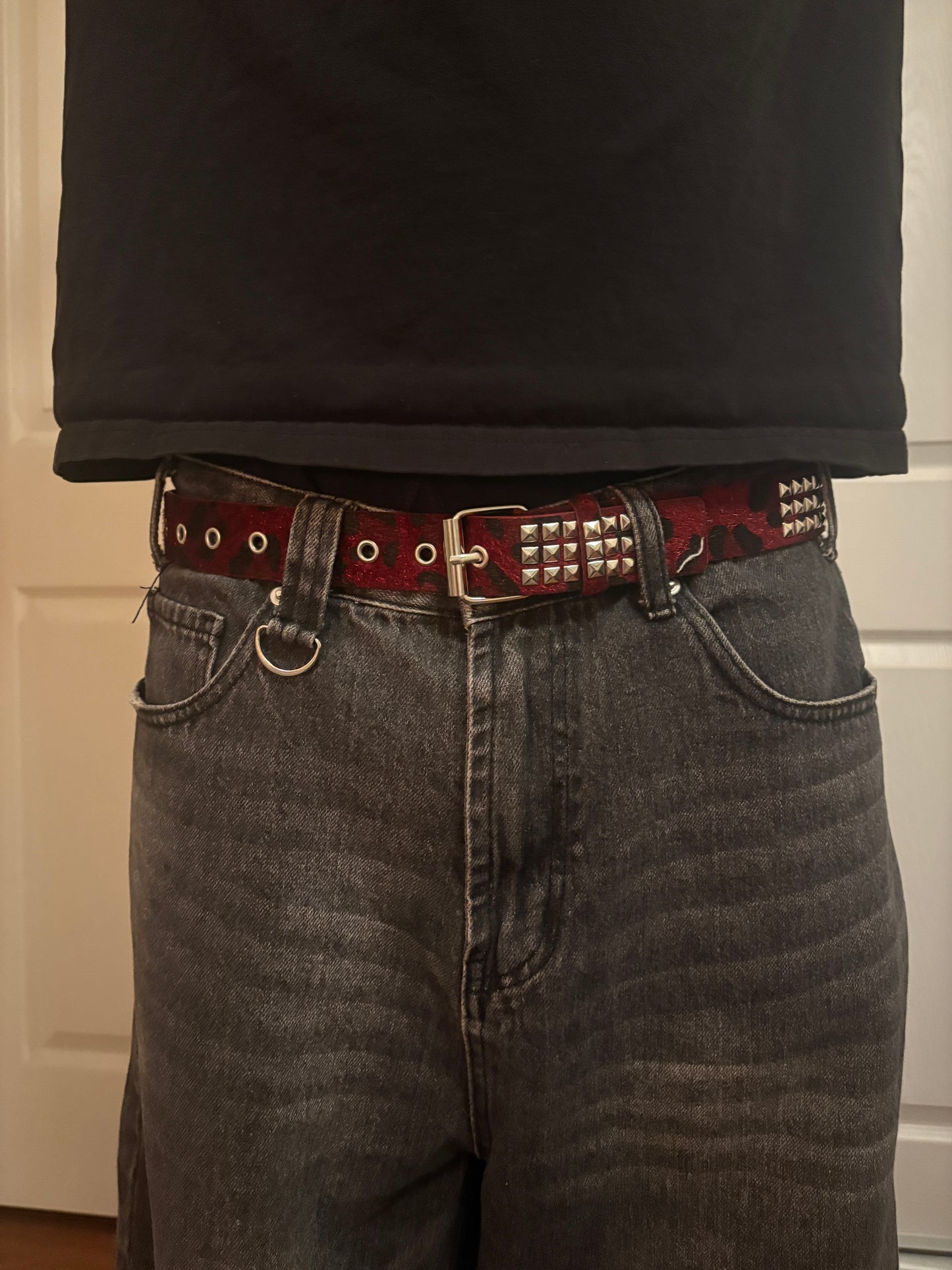 Belt , red studded leopard print belt