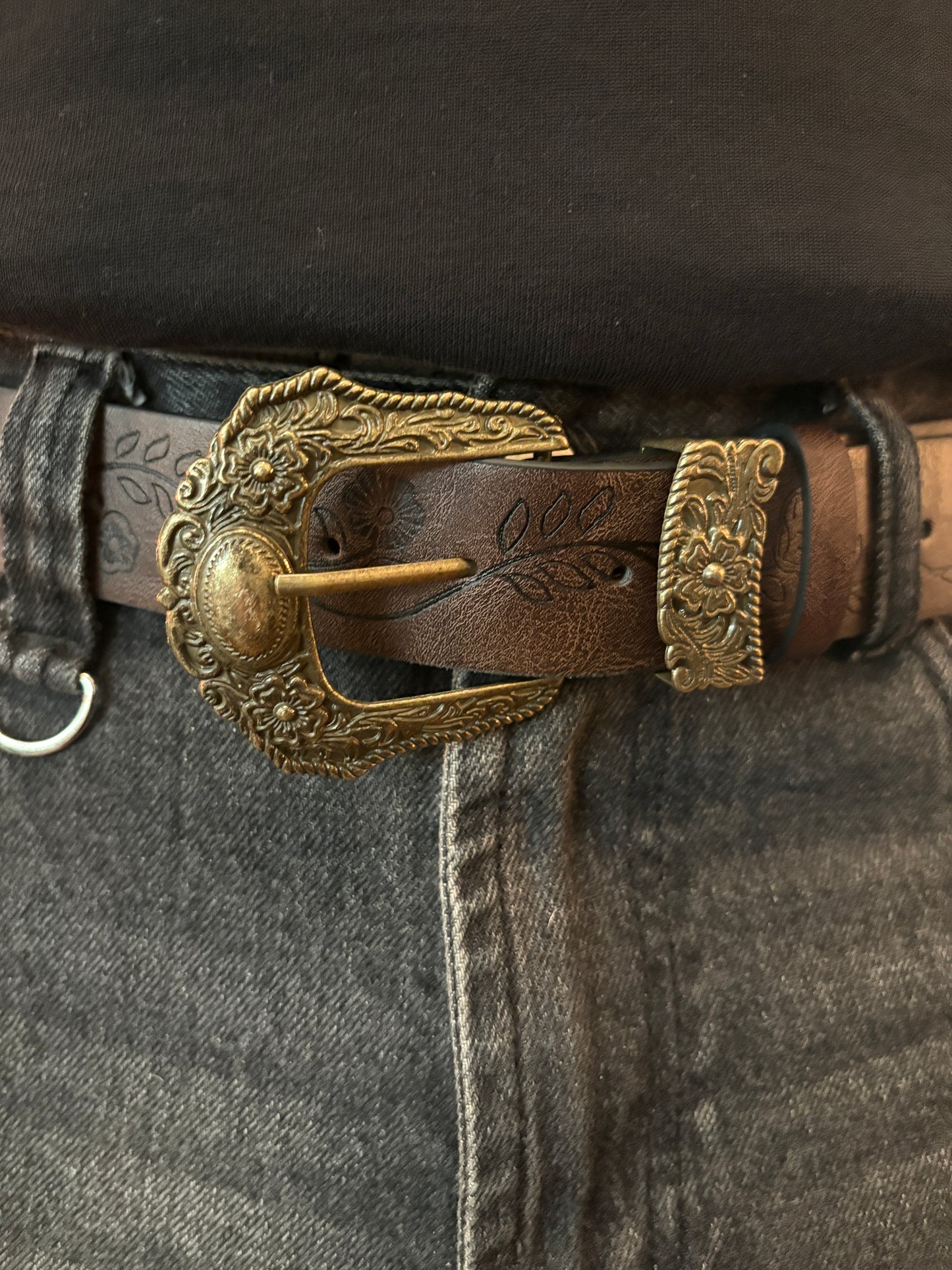 Belt, brown floral gold buckle belt