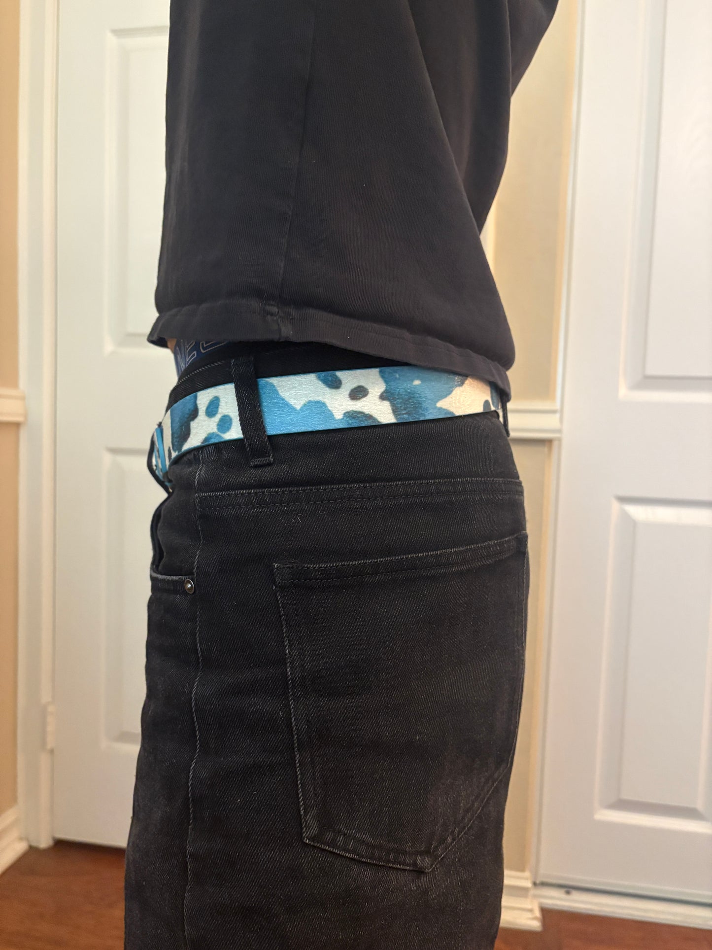 Belt , blue moon cowprint belt