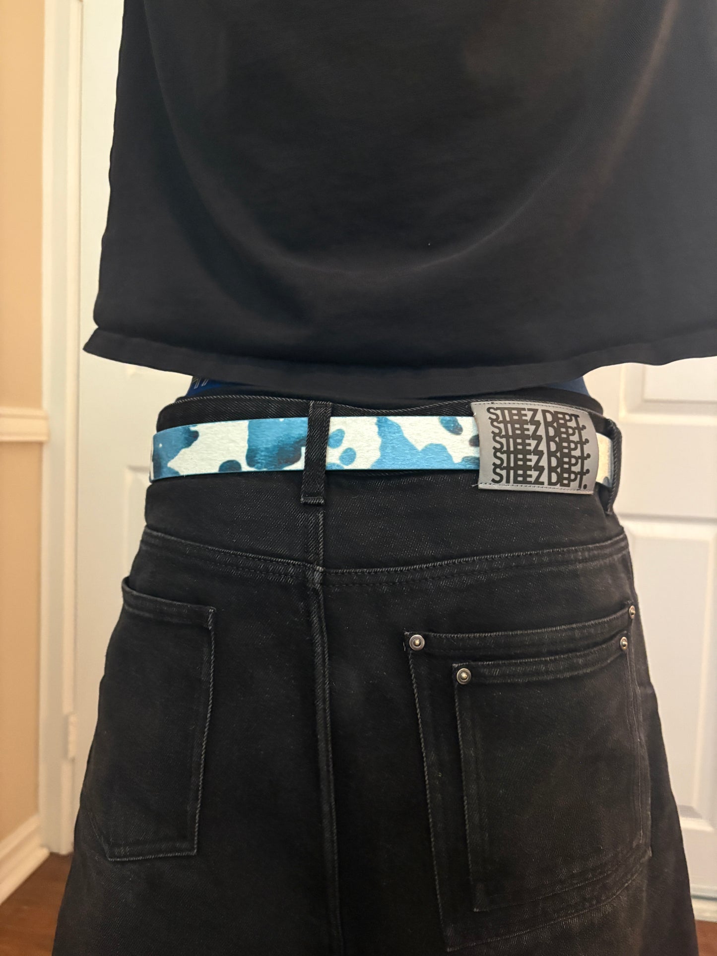 Belt , blue moon cowprint belt