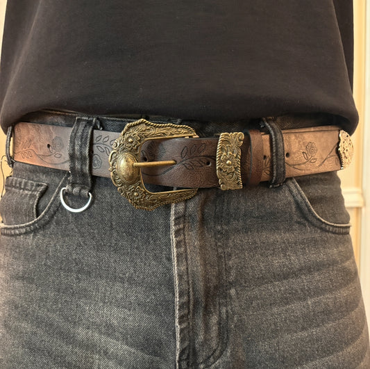 Belt, brown floral gold buckle belt