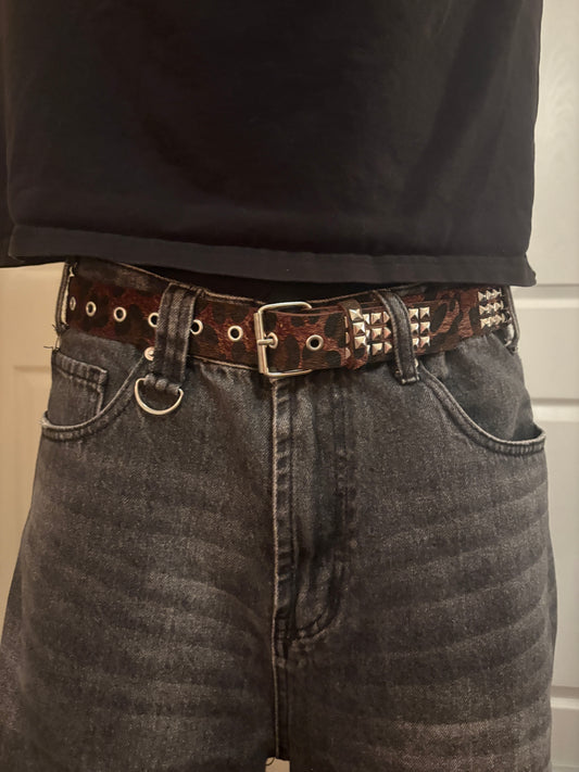 Belt , brown studded leopard print belt