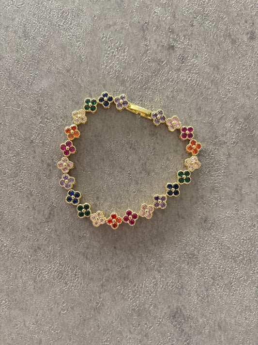 Bracelet, Gold multicolor rhinestone flower bracelet
