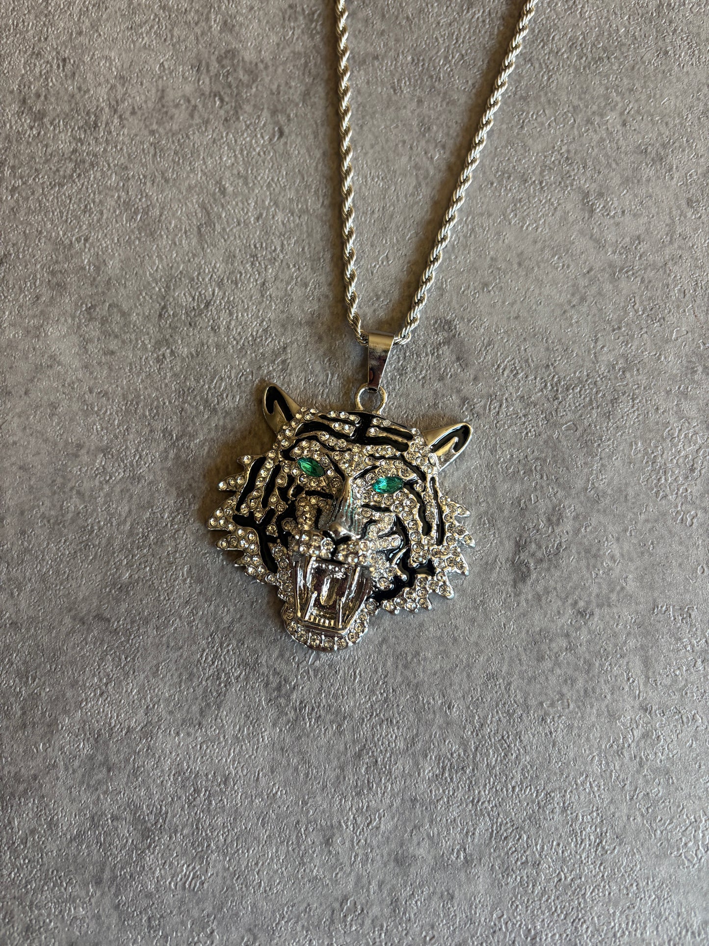 Necklace , silver rhinestone tiger pendant chain