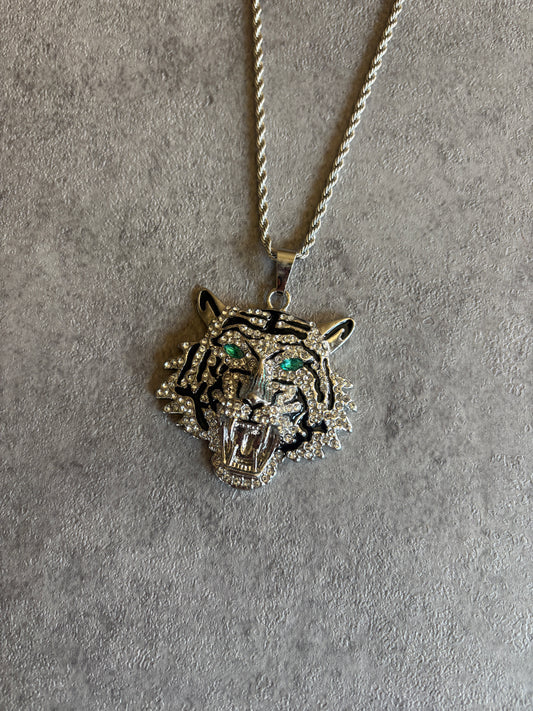 Necklace , silver rhinestone tiger pendant chain