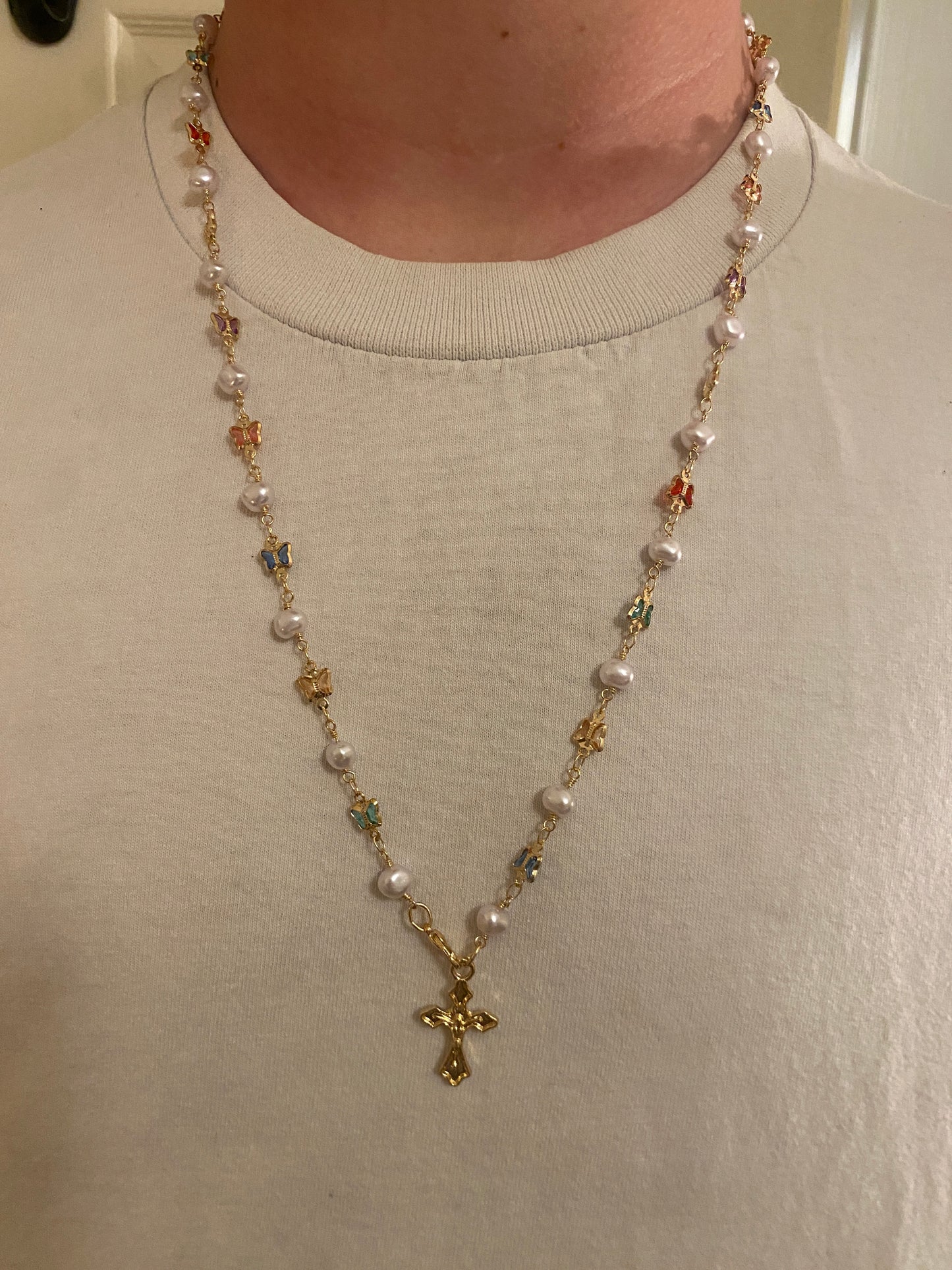 Necklace , Gold gem pearl cross necklace