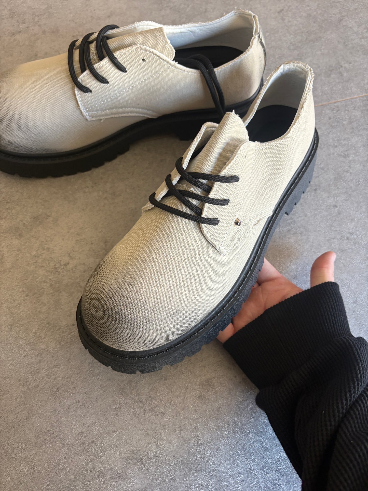 A , cream / black “ half “ boots