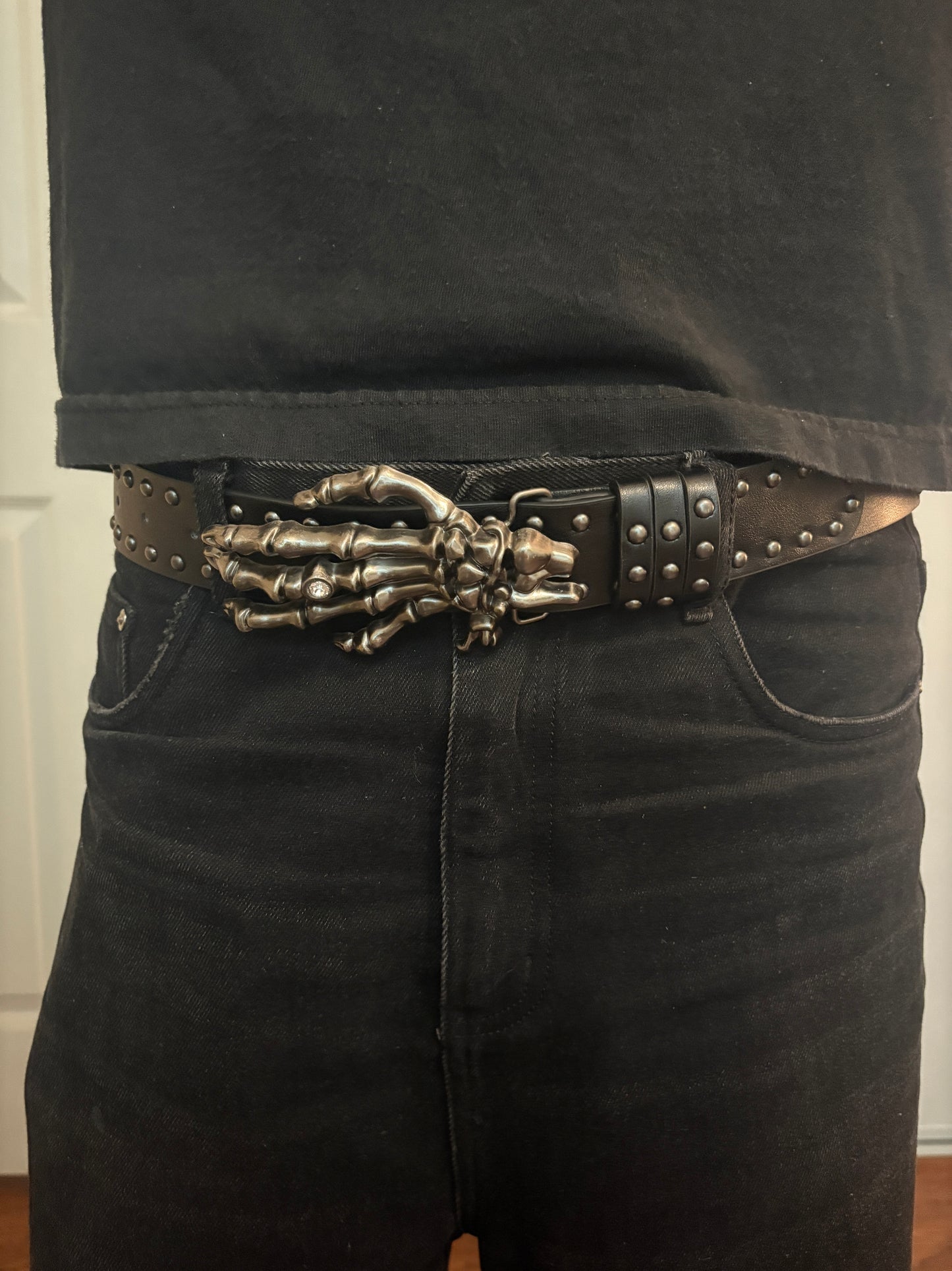 Belt , black studded skeleton hand belt