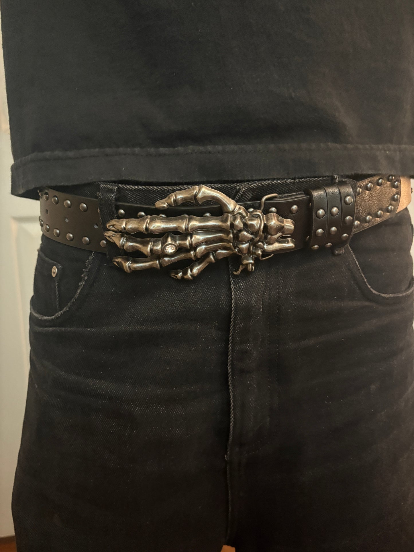 Belt , black studded skeleton hand belt