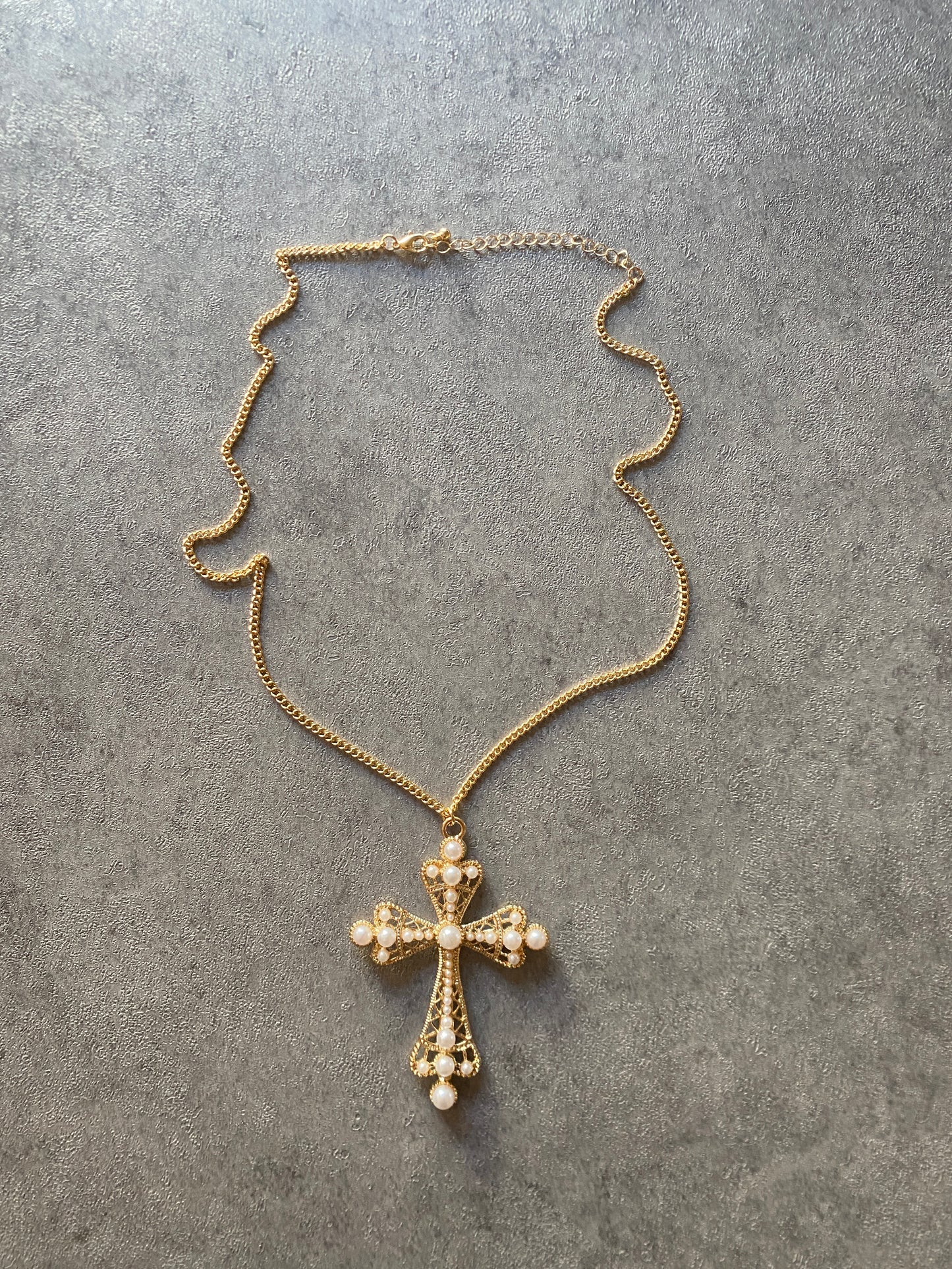 Necklace , Big gold cross pearl chain