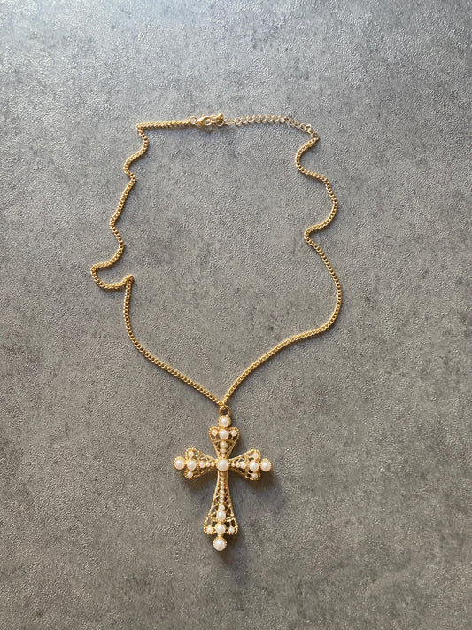 Necklace , Big gold cross pearl chain
