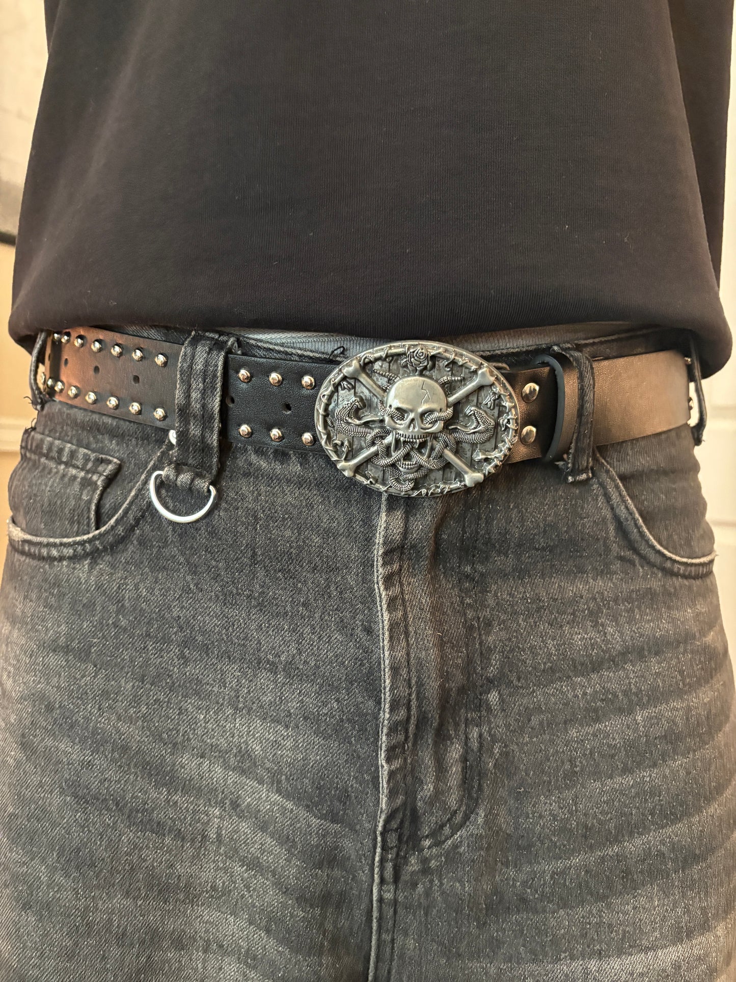 Belt, Y2K black skull studded belt