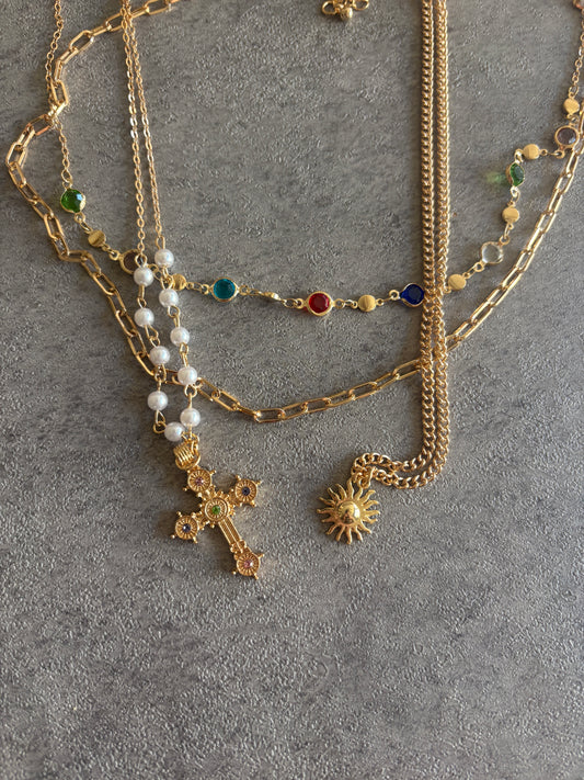 Necklace , gold jewerly sun cross gemstone bundle