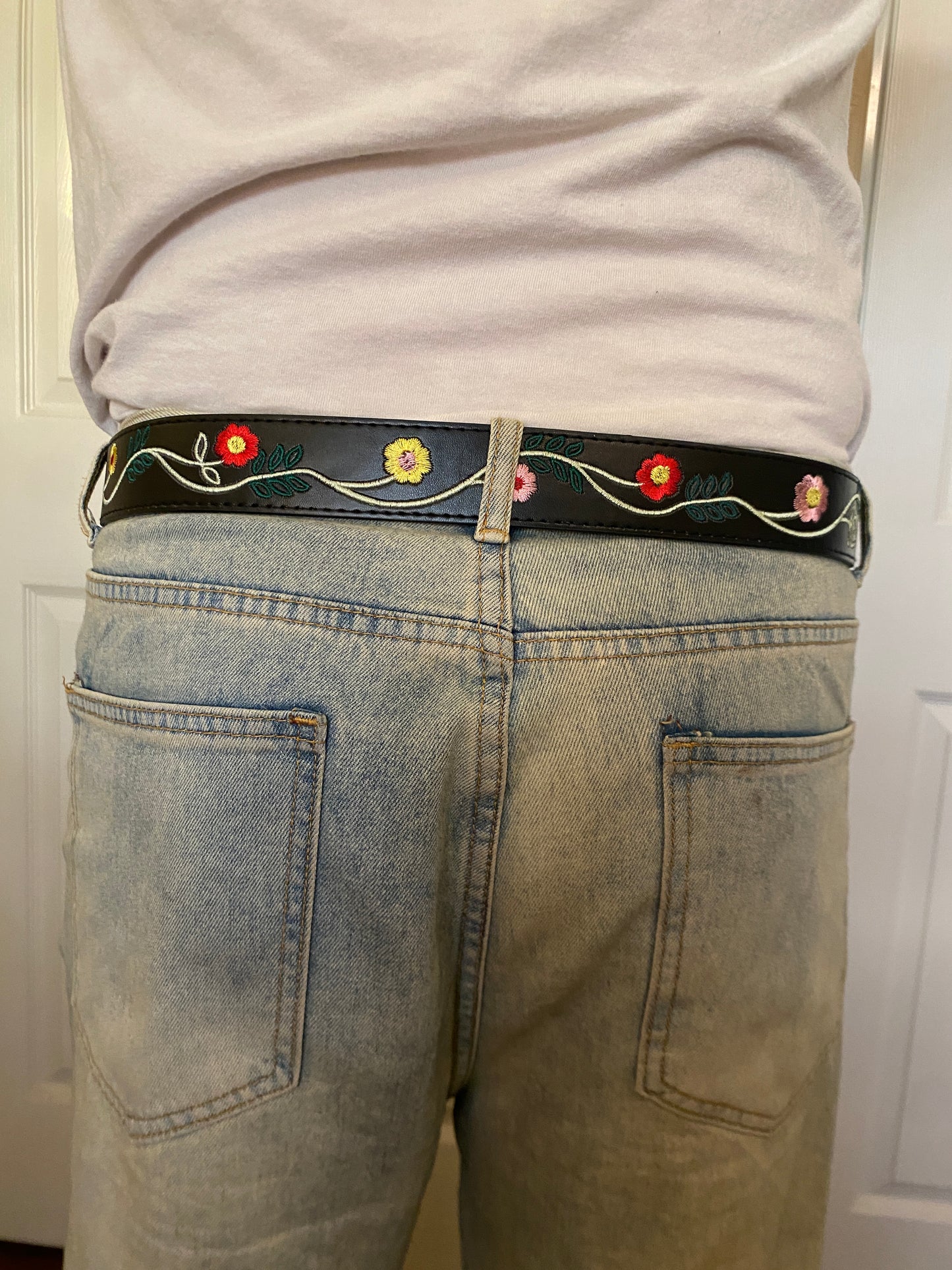 Belt, black tilted flower embroided belt
