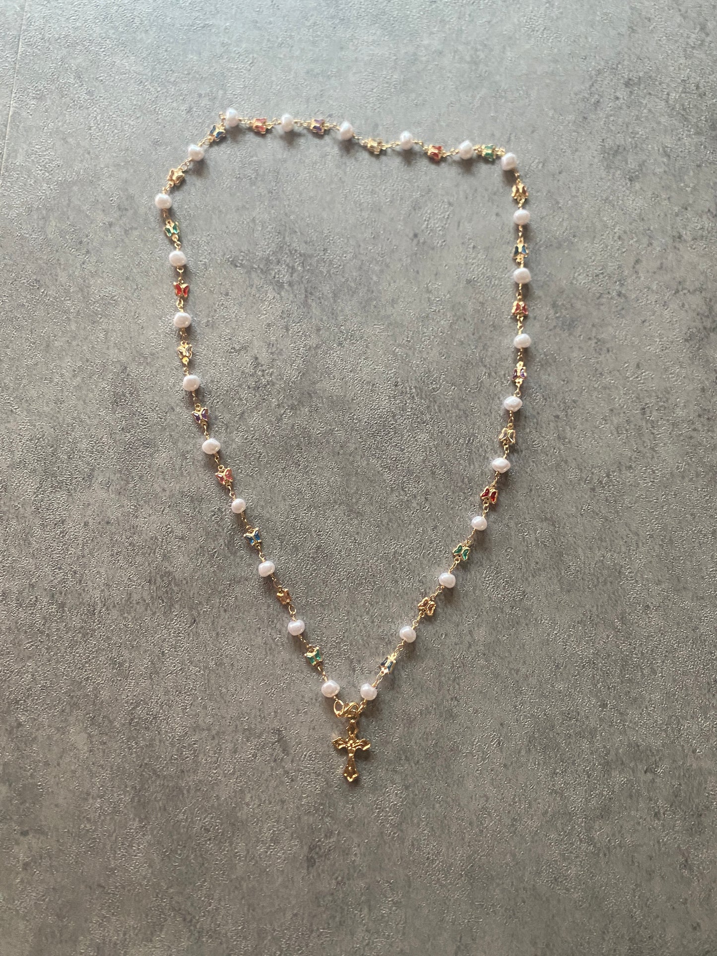 Necklace , Gold gem pearl cross necklace