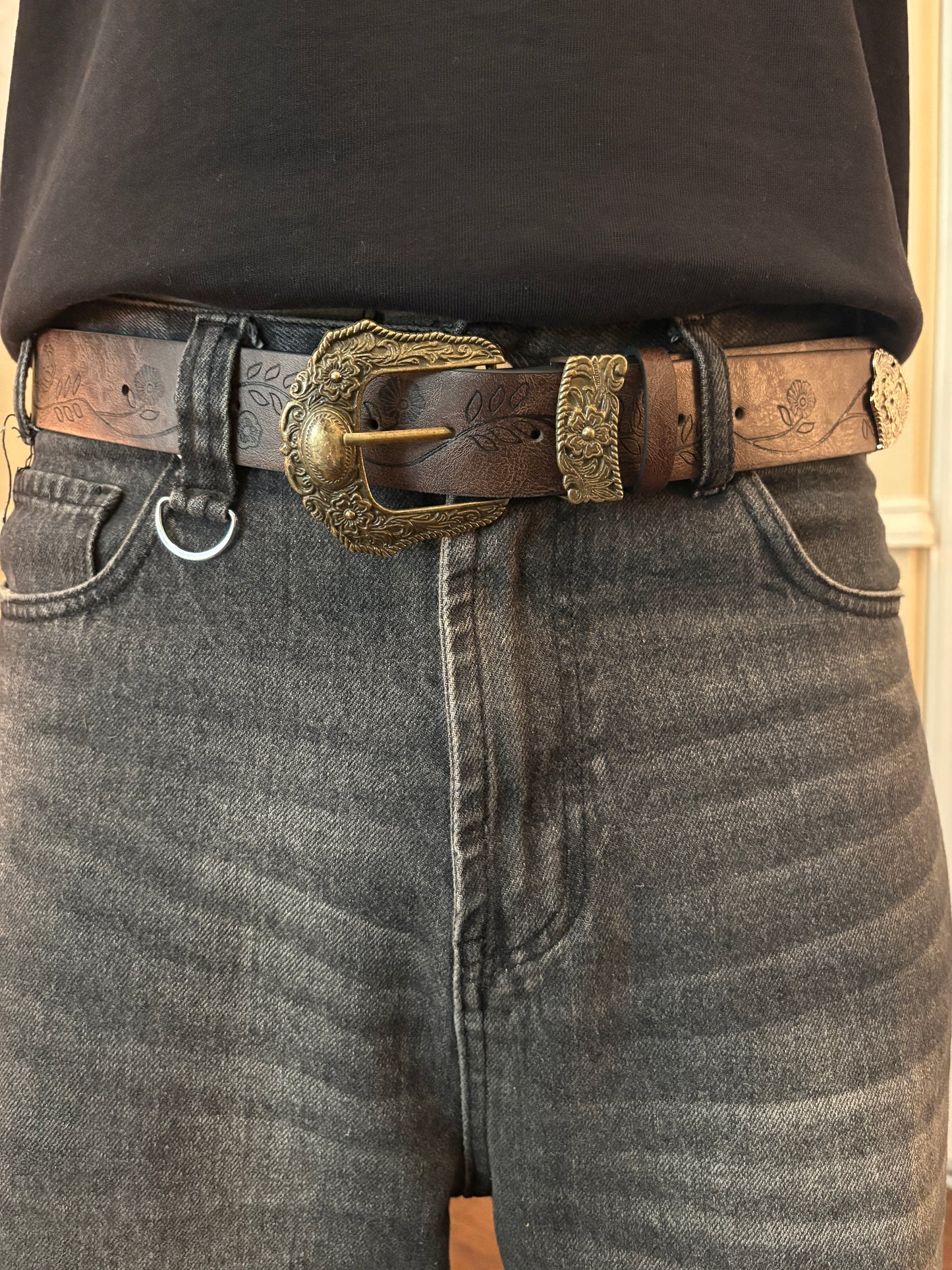 Belt, brown floral gold buckle belt