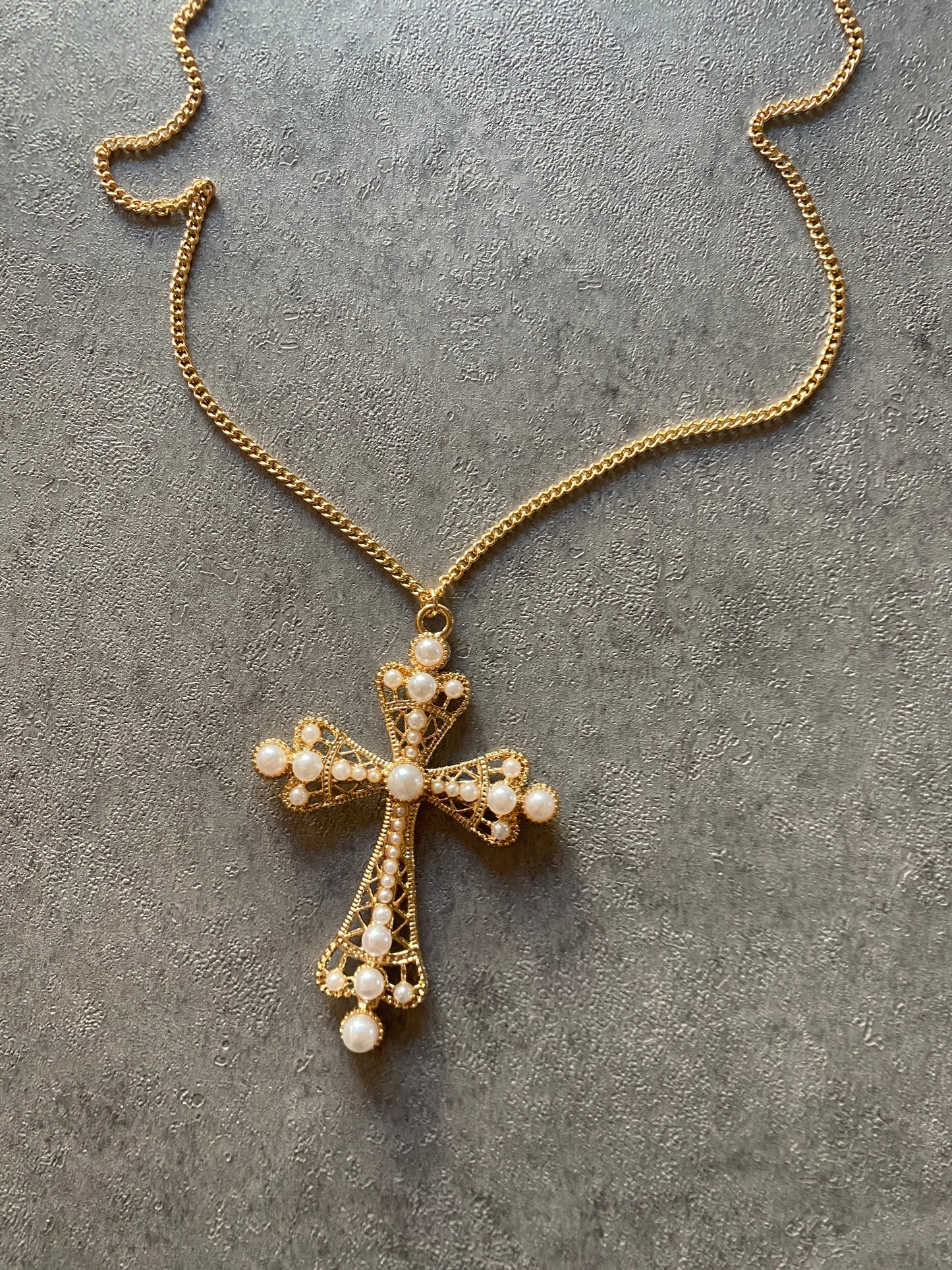 Necklace , Big gold cross pearl chain