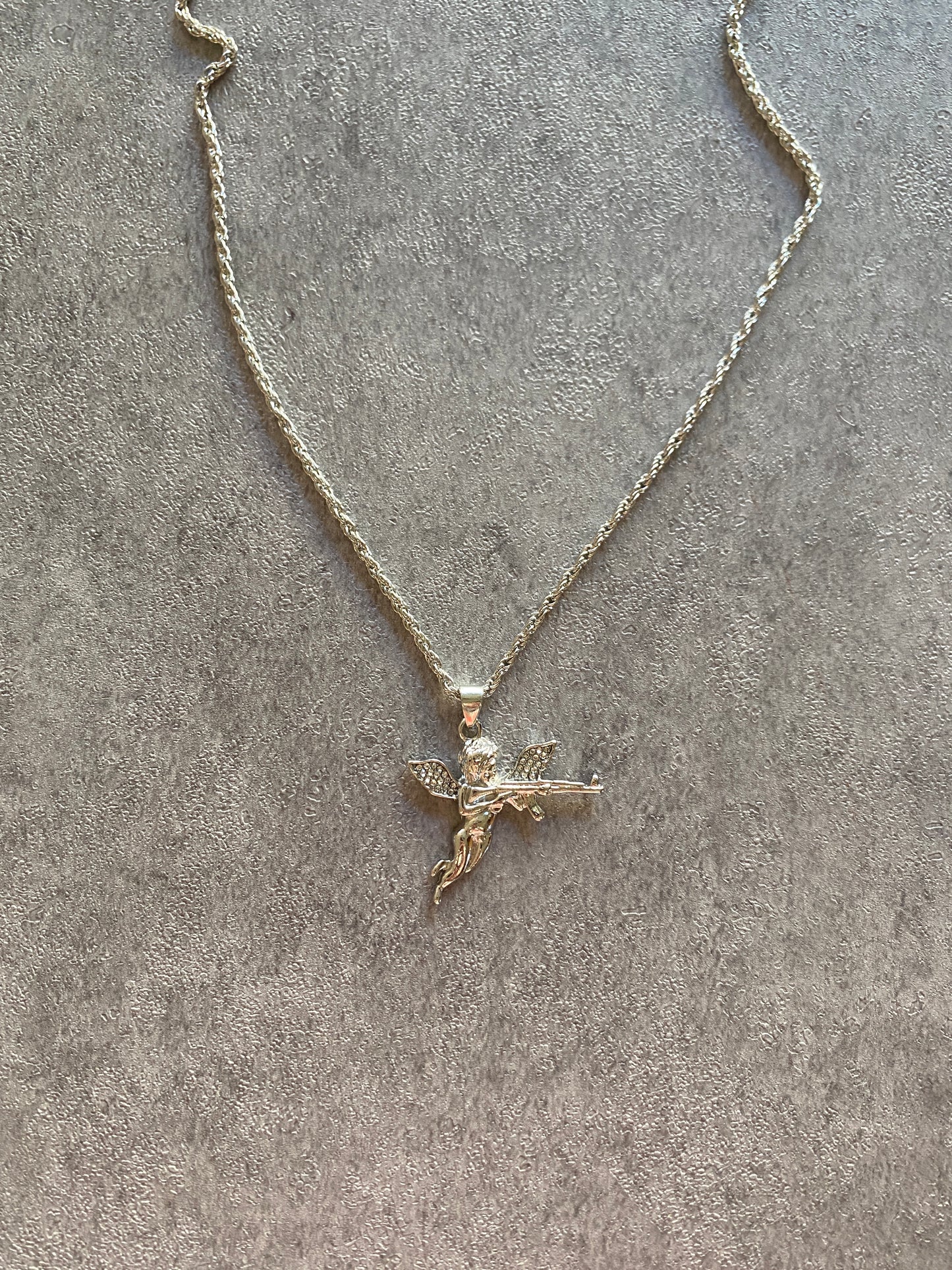 Necklace, Silver rhinestone Cupid ak47 chain