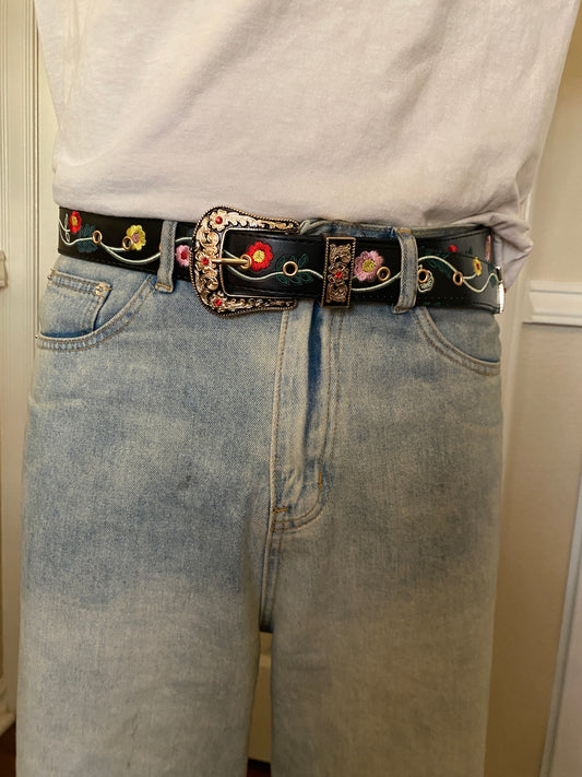 Belt, black tilted flower embroided belt