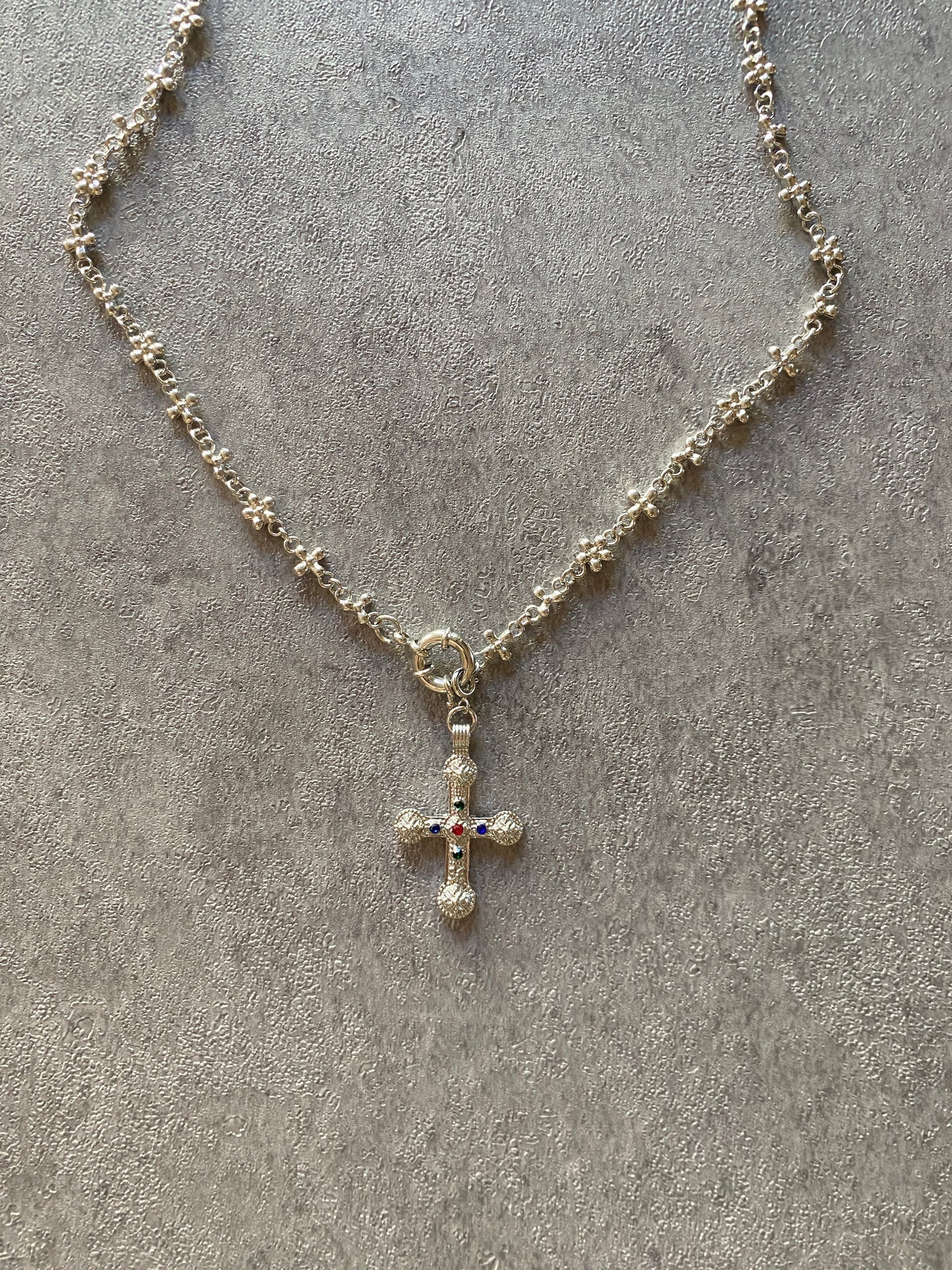 Necklace , Silver cross jewel flower necklace
