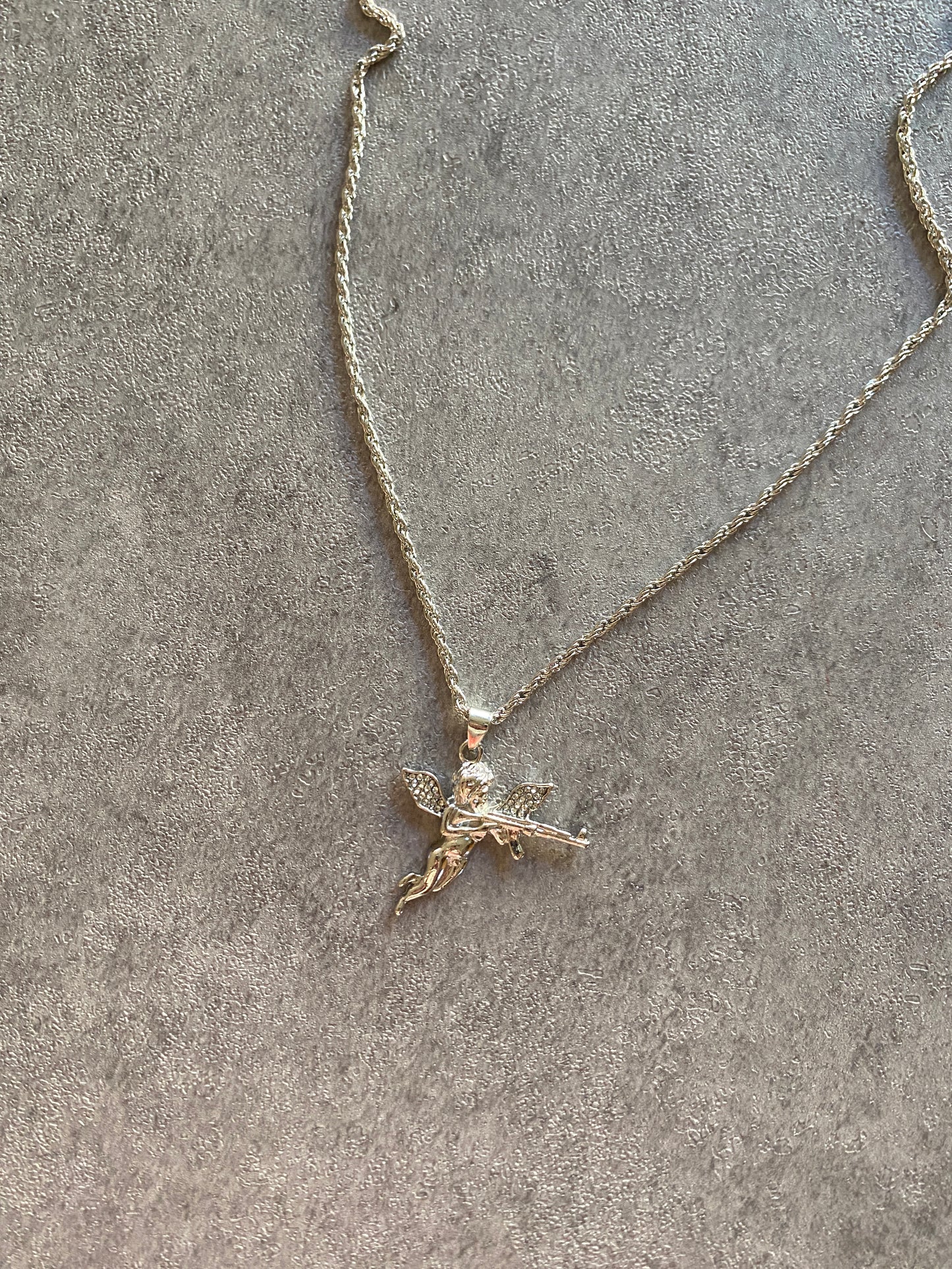 Necklace, Silver rhinestone Cupid ak47 chain