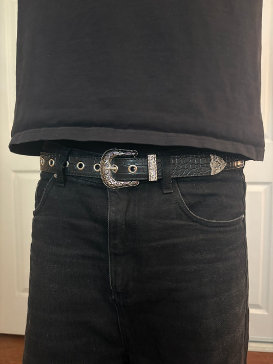 Belt , black silver crocodile print belt
