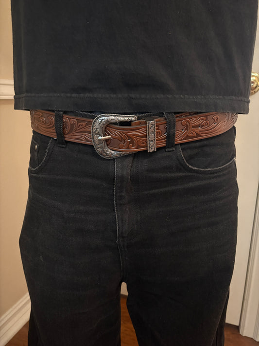 Belt, brown cowboy silver buckle