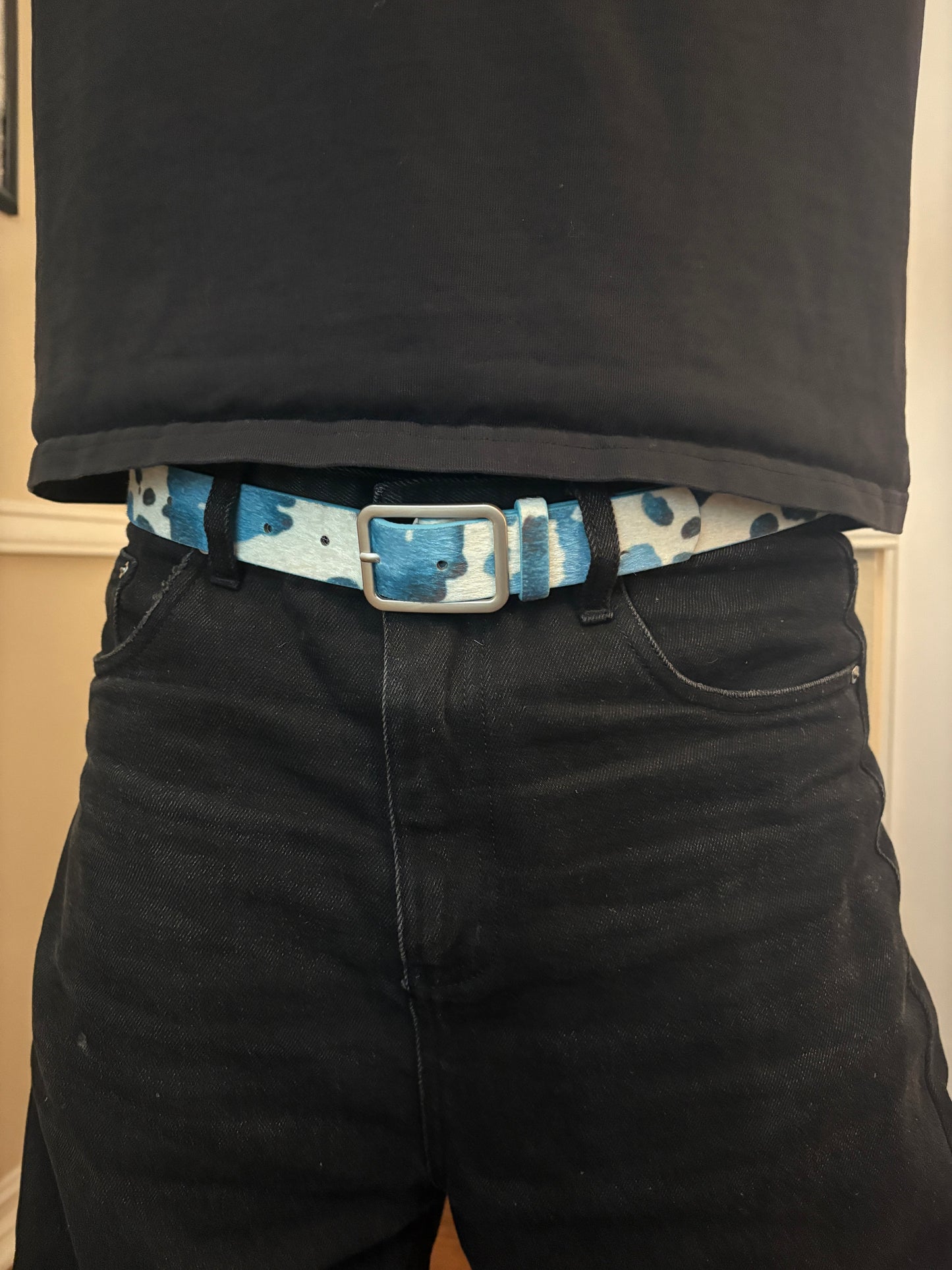 Belt , blue moon cowprint belt