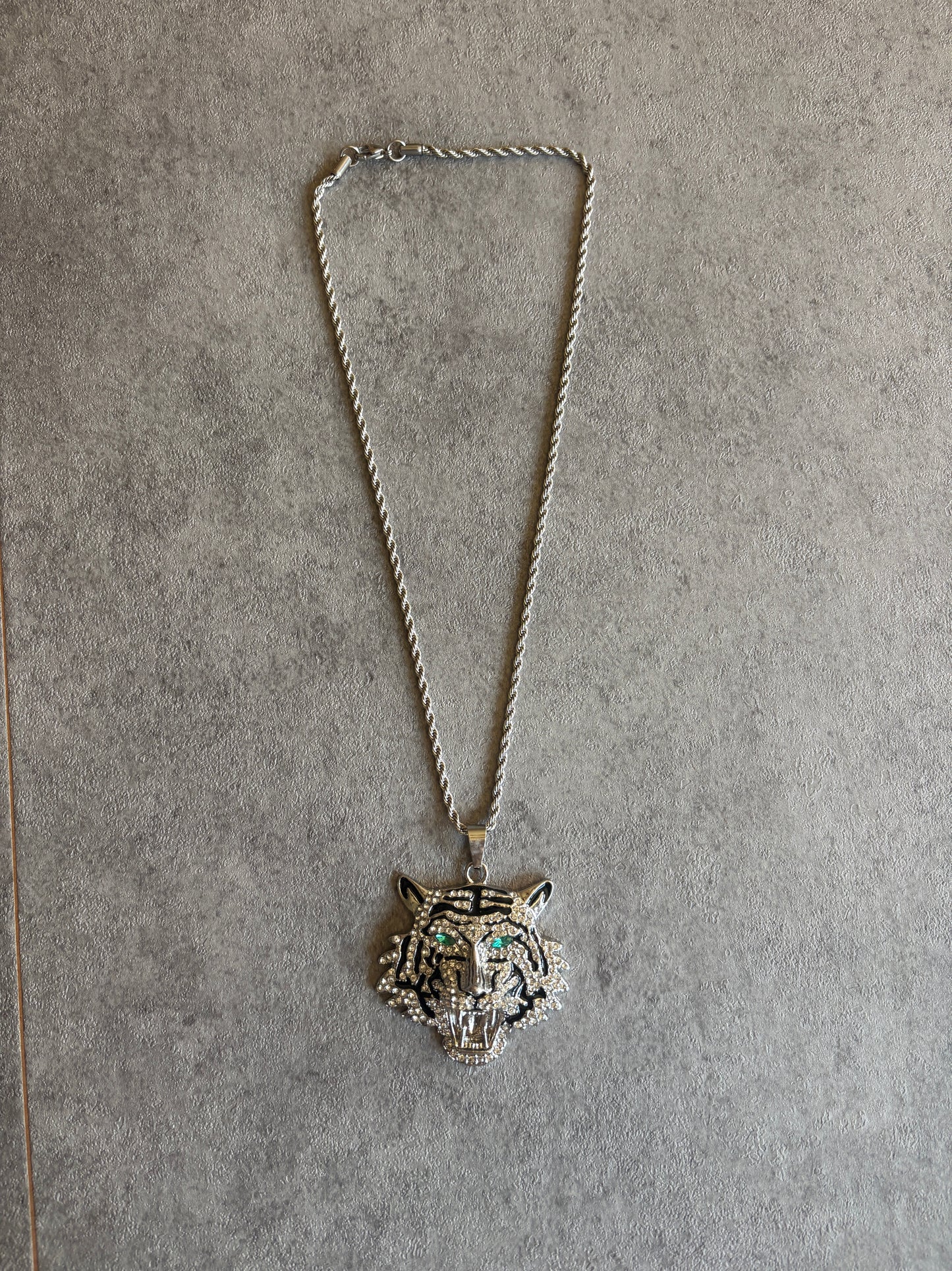 Necklace , silver rhinestone tiger pendant chain