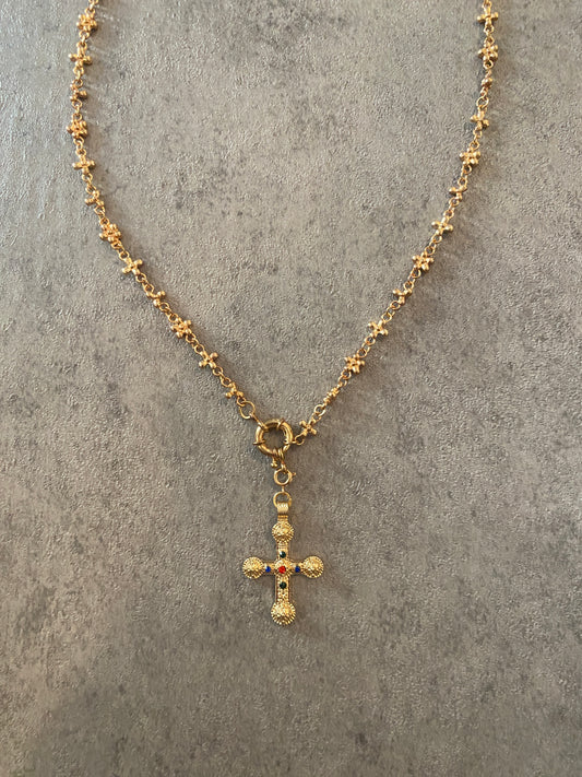 Necklace , Gold gem flower cross necklace