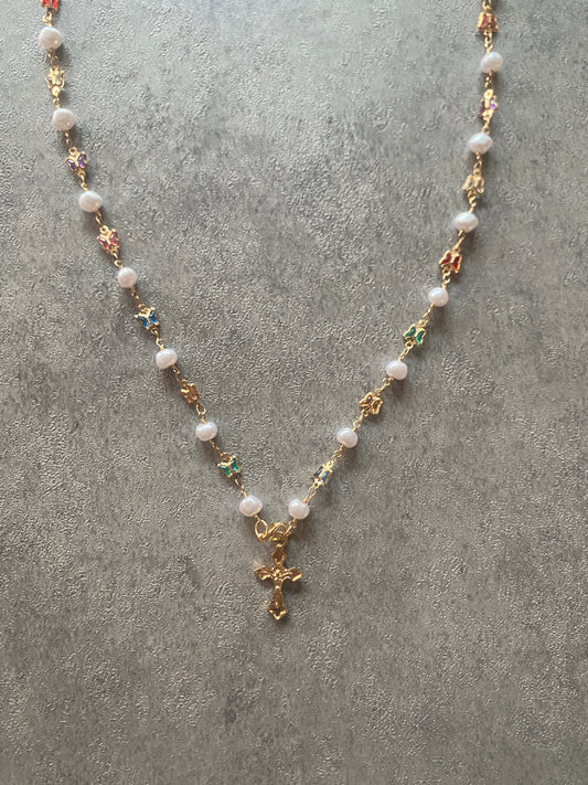 Necklace , Gold gem pearl cross necklace