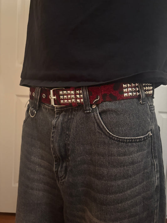 Belt , red studded leopard print belt