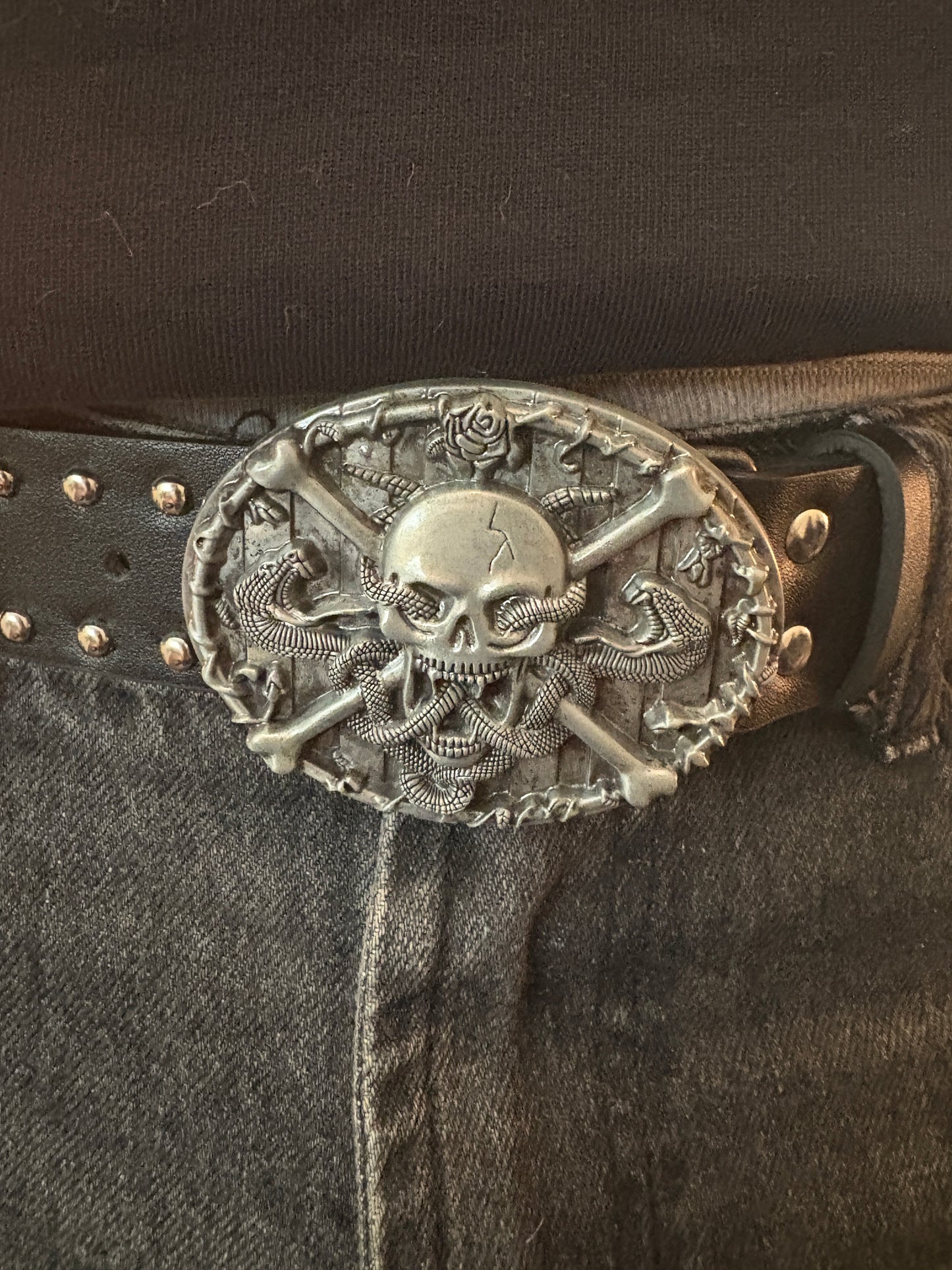 Belt, Y2K black skull studded belt
