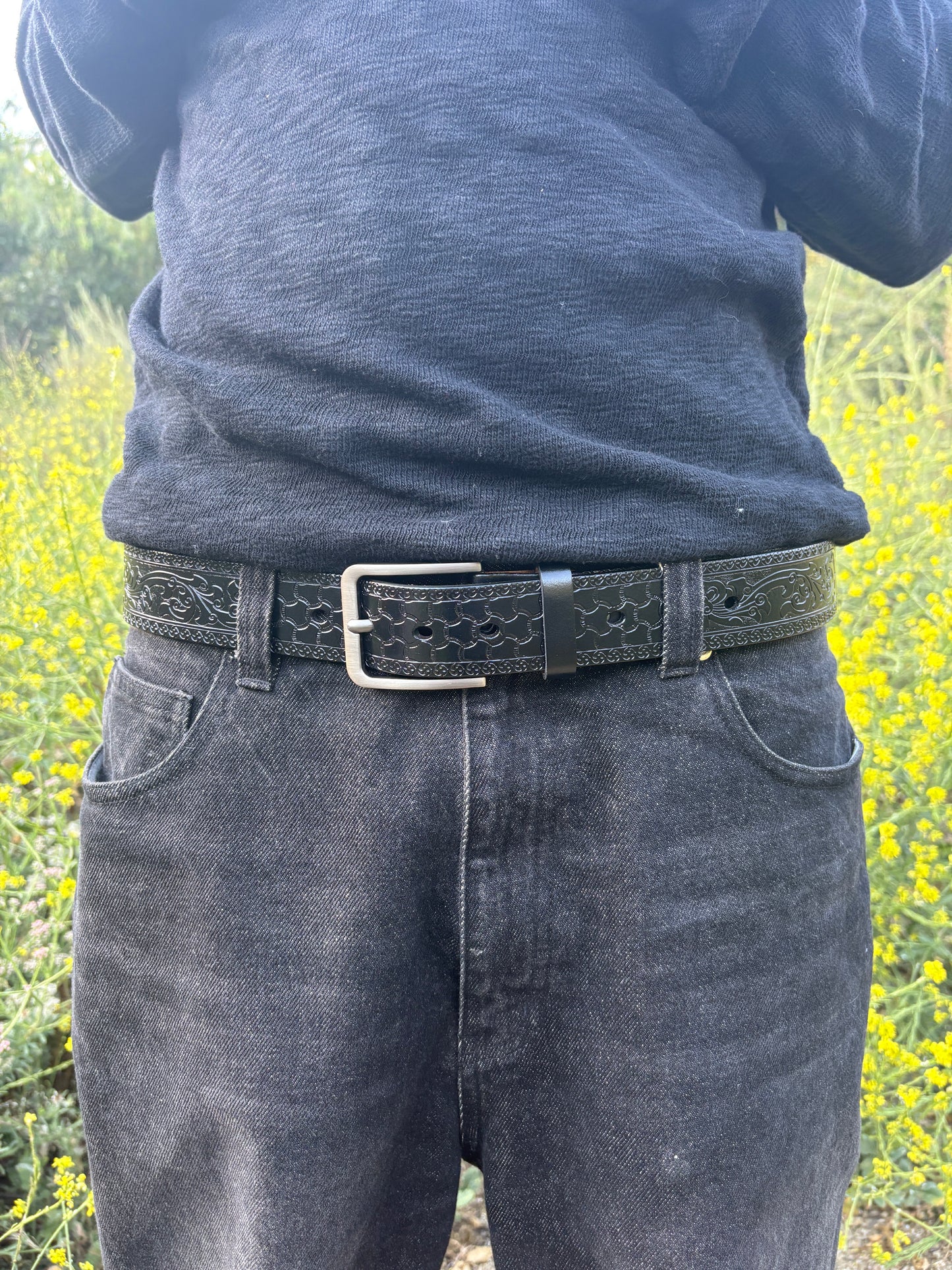 Black Japanese floral wave belt