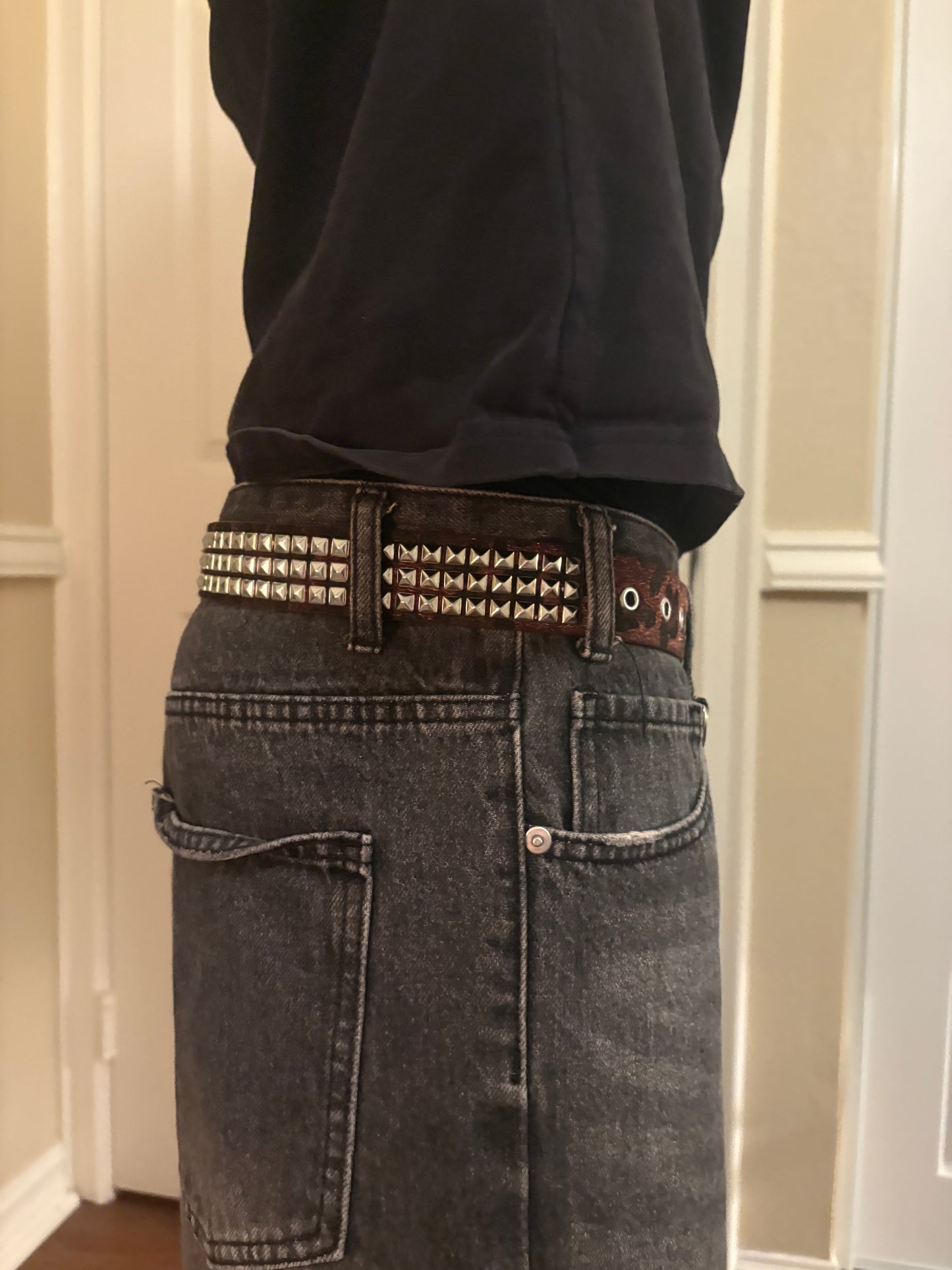 Belt , brown studded leopard print belt