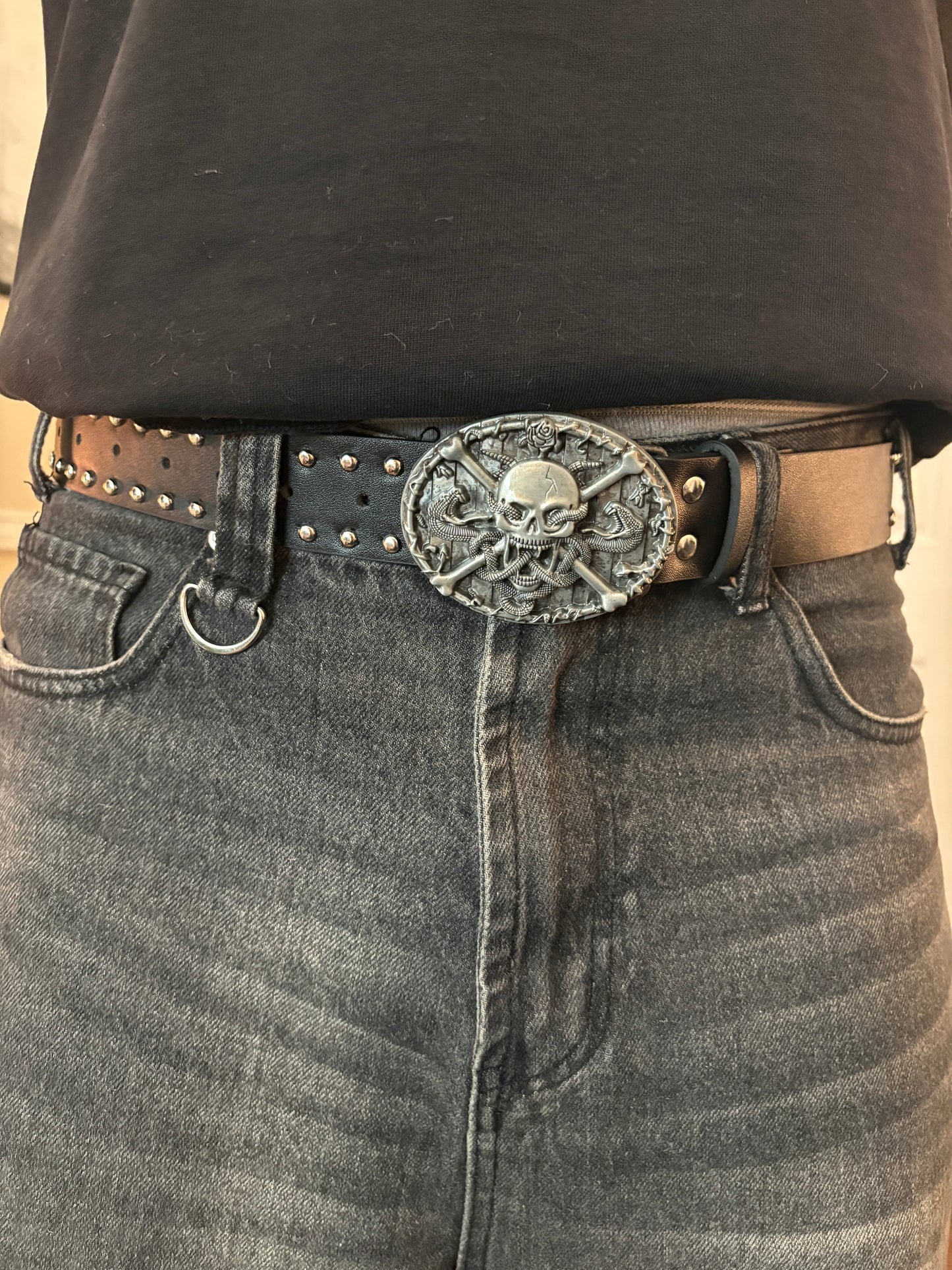 Belt, Y2K black skull studded belt