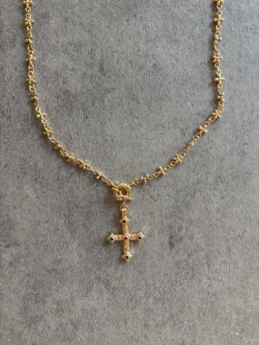 Necklace , Gold flower charm cross necklace V2