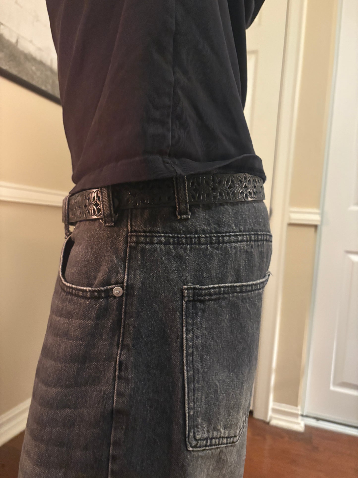 Belt , black woven pattern belt