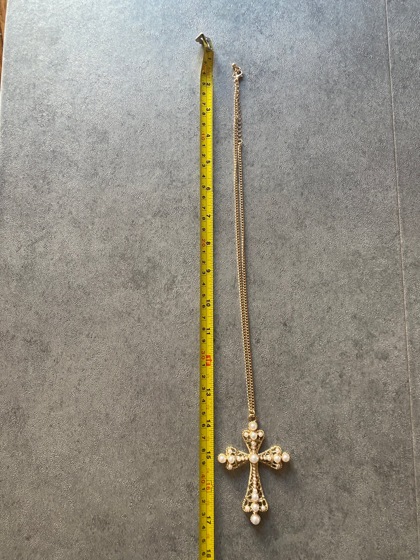Necklace , Big gold cross pearl chain